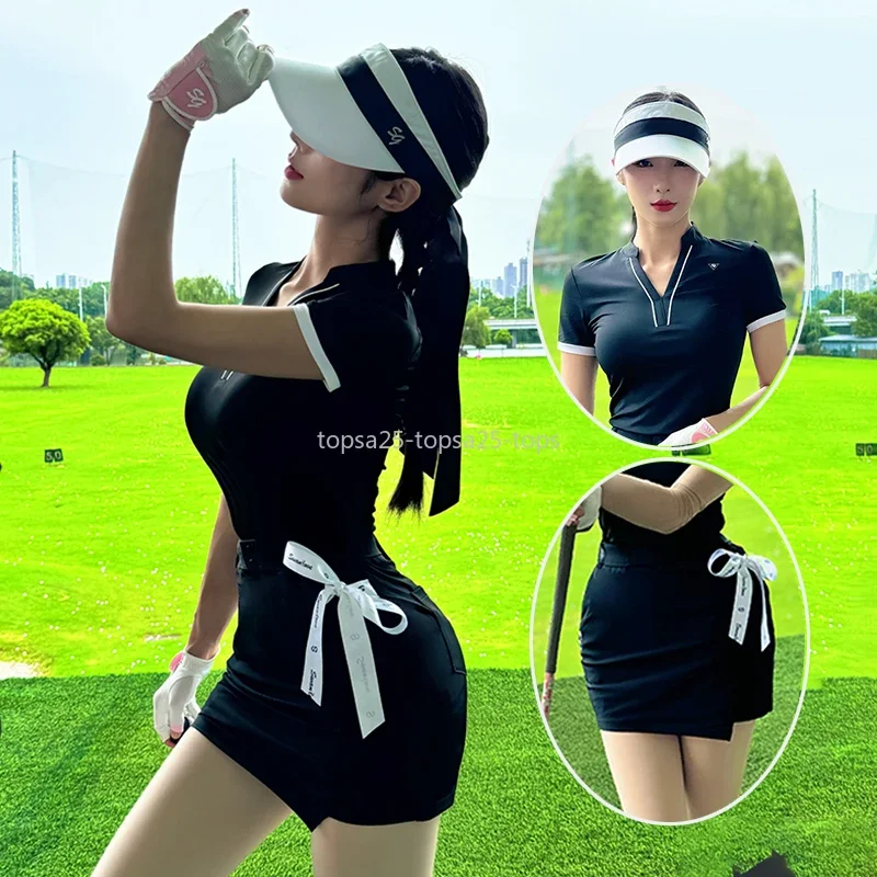 SG Sports New Golf Women Shirts V-neck Short Sleeved Sports Tops Ladies Slim Skirt with Bow Ribbon Leisure Pencil Skort Suit