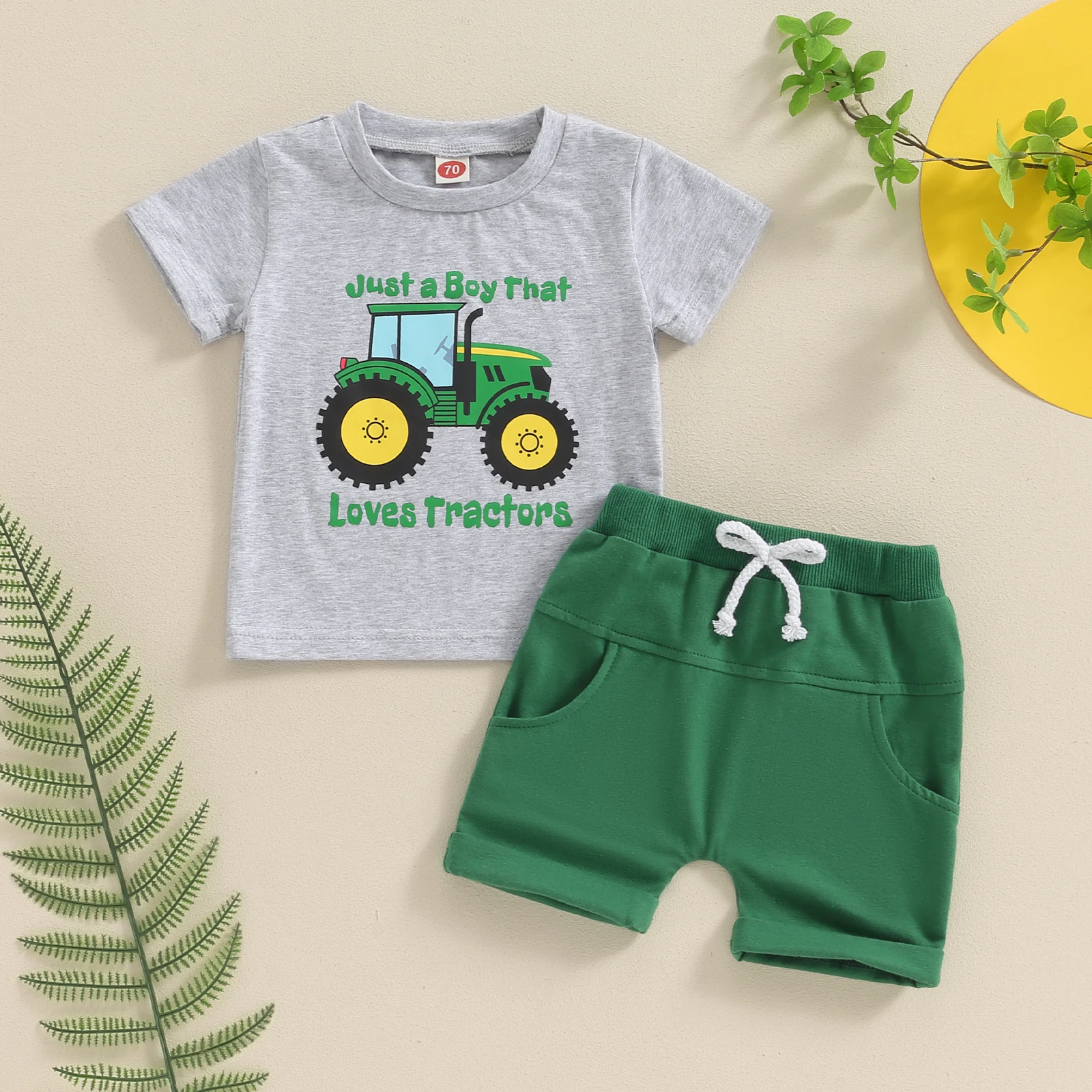 FOCUSNORM 0-4Y Toddler Little Boys Summer Clothes Sets 2pcs Tractor Letter Print Short Sleeve Tops Elastic Waist Shorts