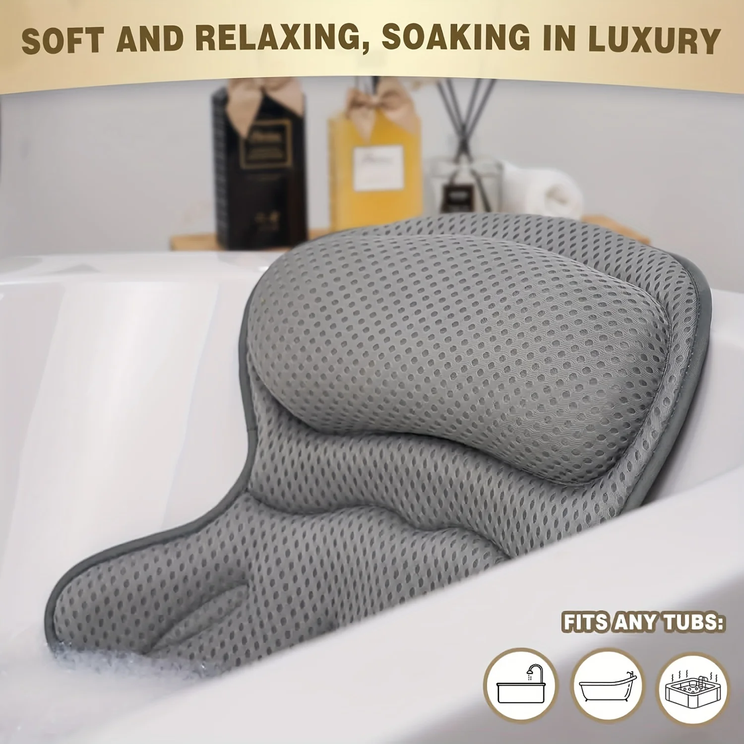 1pc Luxury Bath Pillow with 3D Air Mesh & Secure Suction | Neck/Back Support, Machine Washable, Home/Spa Use