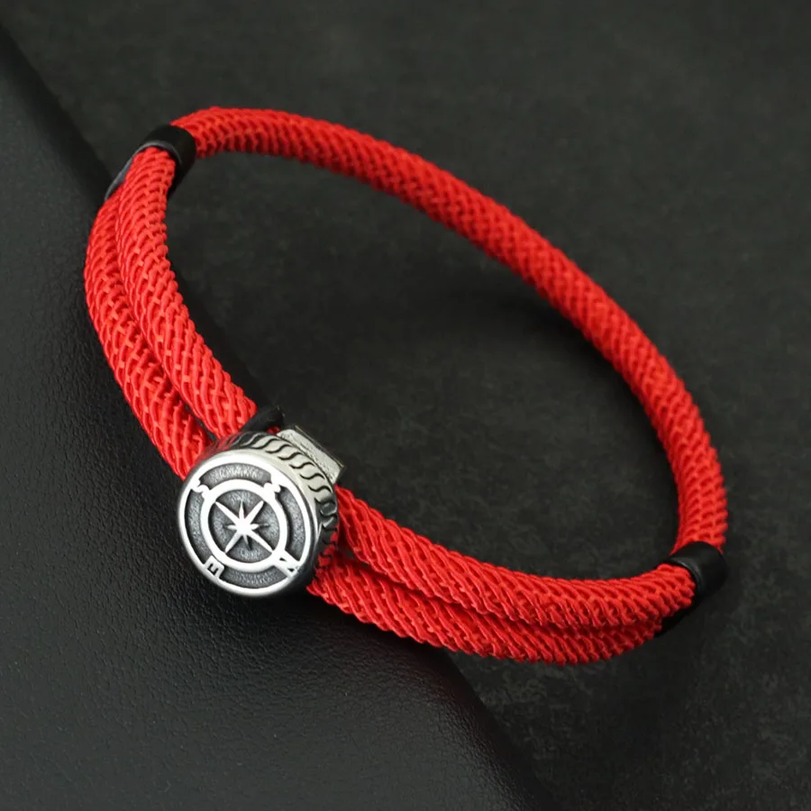 Vintage Navigation Compass Mens Rope Bracelet with Red Thread
