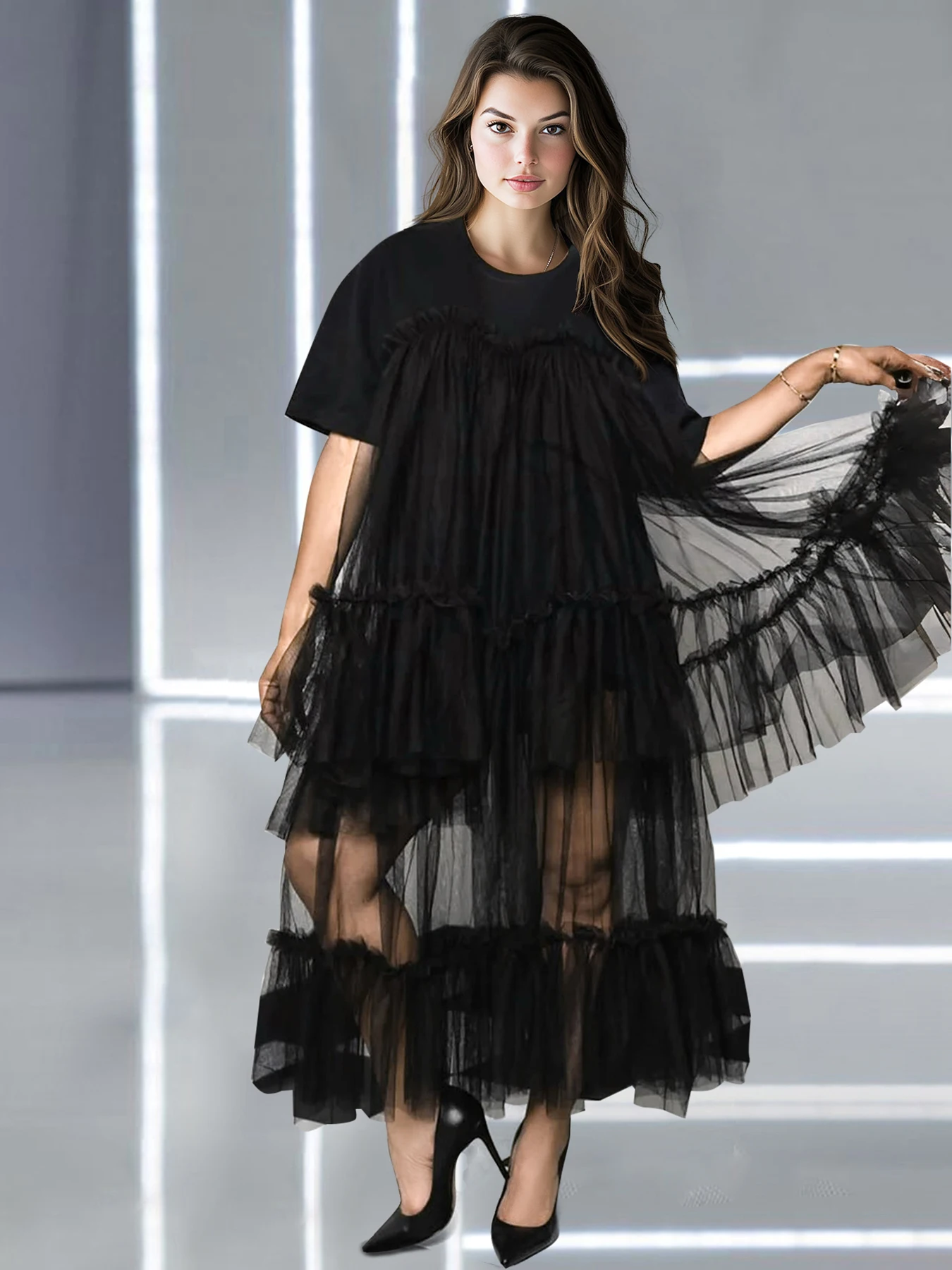 Women's Ruffle Tulle Dresses Round Neck Short Sleeve Sheer