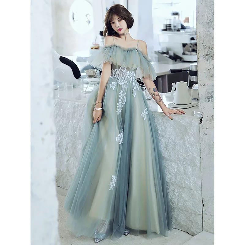 

Applique Evening Dress Boat-Neck Tulle Lace Edge Forest Series Puff Sleeve Spaghetti Strap Bridesmaid Dresses Fashion Grace Gown