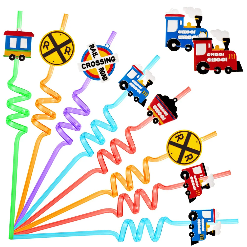 

8Pcs Train Birthday Decorations Straws , Reusable Plastic Straws Drink Cocktail with Cartoon Decoration Birthday Party Supplies