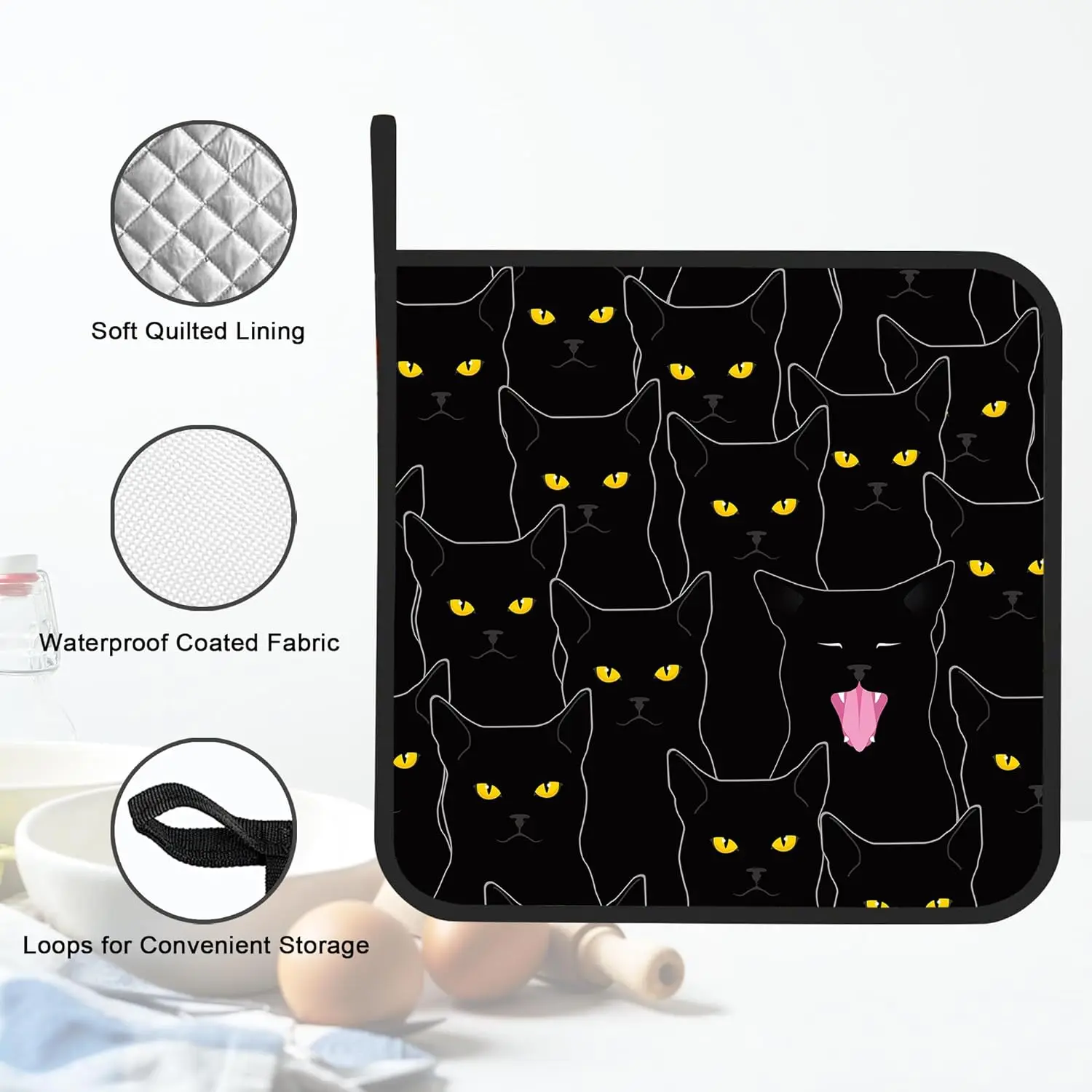 Black Cat Cute Pot Holder Set of 2 Kitchen Heat Resistant Potholder for BBQ Cooking Baking,Food Hot Pat for Women Kitchen Wear