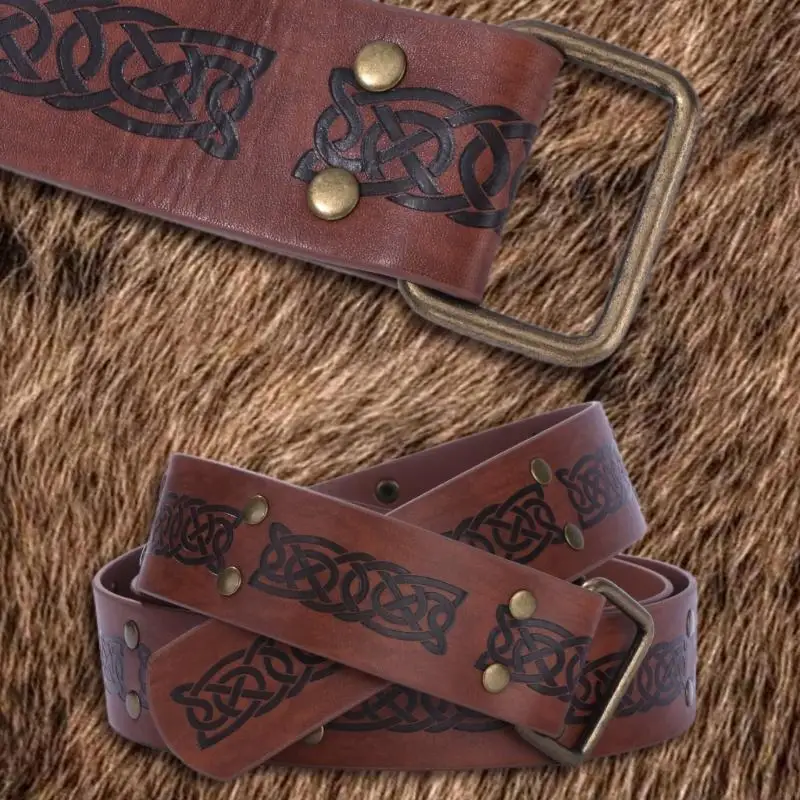 92ME Vintage Embossed Buckles Belt Renaissances Knight Belt Nordics Medieval Vintage PU Leather Cosplays Gift