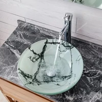 อ่างล้างหน้าแบบกระจกลายหินอ่อนสีขาว อ่างล้างหน้าในห้องน้ำโรงแรม อ่างล้างหน้าในห้องน้ำพร้อมเฟอร์นิเจอร์ อ่างล้างหน้าทรงกลมแบบวางบนเคาน์เตอร์ 4