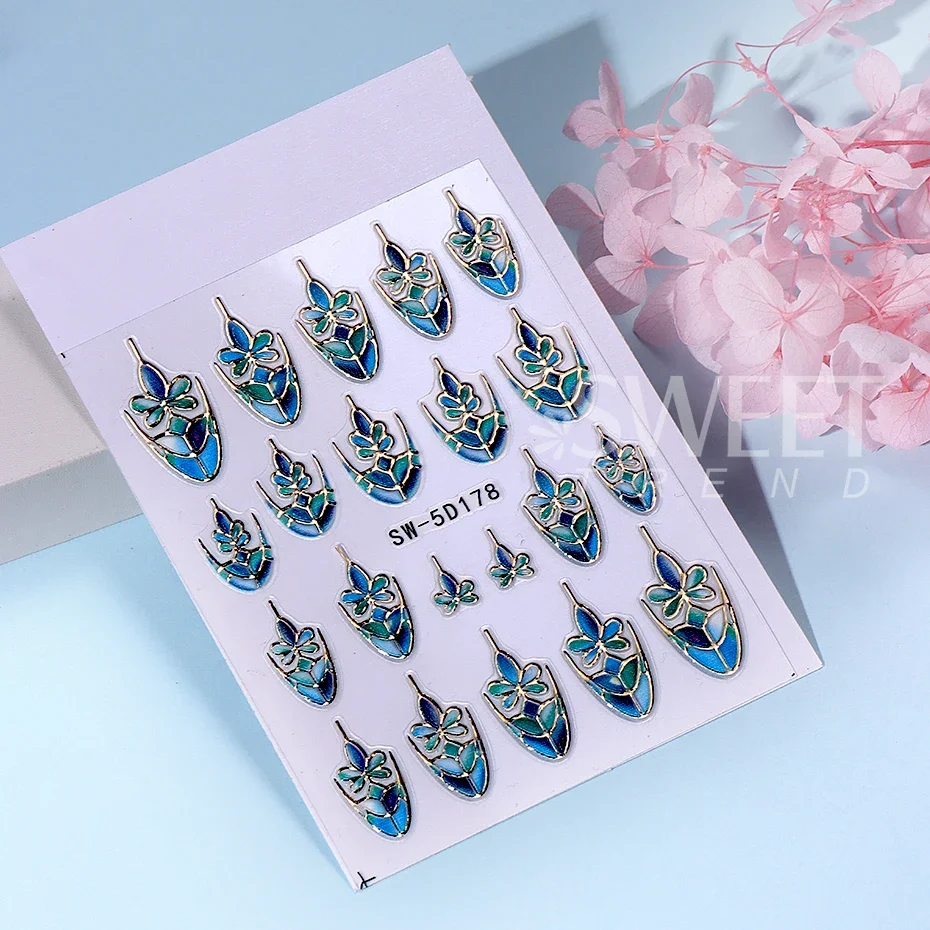 5D Embossed Green Geometry Lealves Nail Stickers French Gold Line  Self-adhesive Nail Art Supplies Decals Manicure Decoration