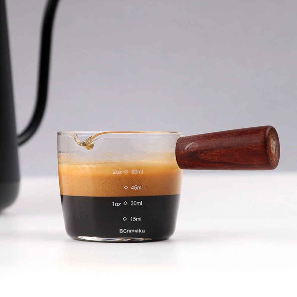 Measuring Cup 40/75/150ml Wood Handle Glass Espresso Measuring Cup Double/Single Mouth Milk Jug Coffee Supplies Clear Kitchen Measure Mug