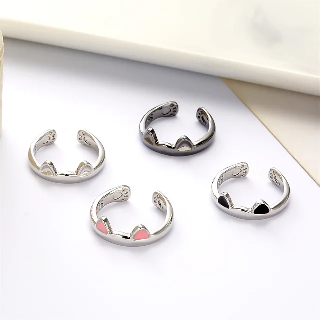 Cute Pink Enamel Cat Ear Kitten Claw Print Opening Rings For Women Girls Fashion Silver Color Animal Finger Ring Party Jewelry