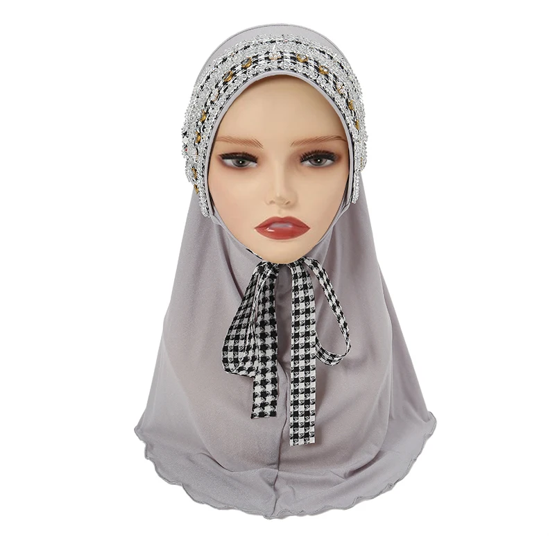 Tie Front Instant Muslim Woman Hijab Handmade Rhinestone Head Cover Hemp Caps Sports Pinless Woman's Turban Easy to Wear Scarves