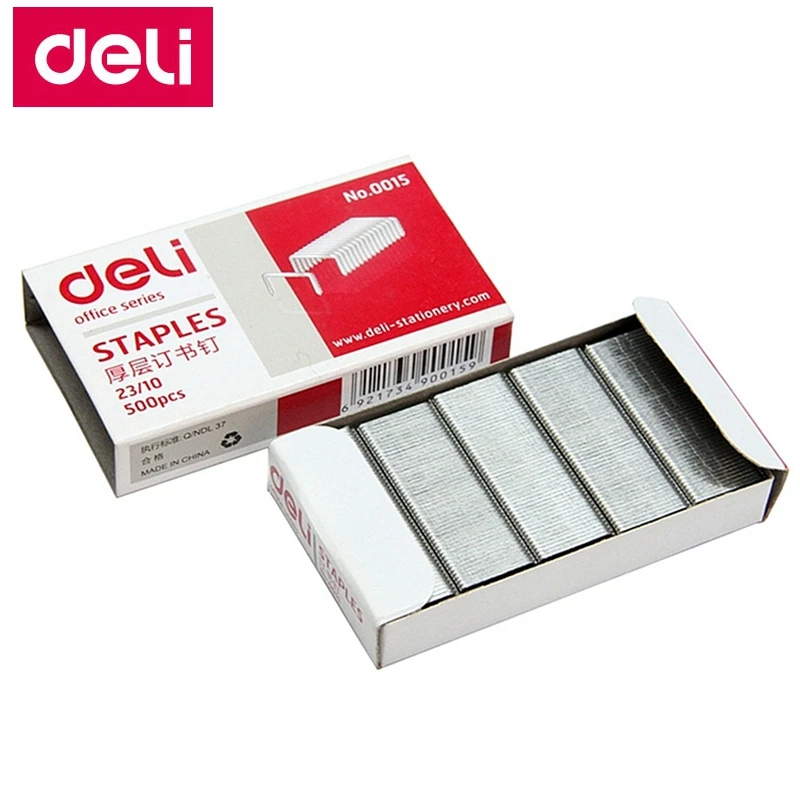 Deli 500pcs/Box Heavy Duty Staples 23/10 Staples 12x10mm Staples Width 12mm Height 10mm Capacity 75 Pages 70g Papers 0015