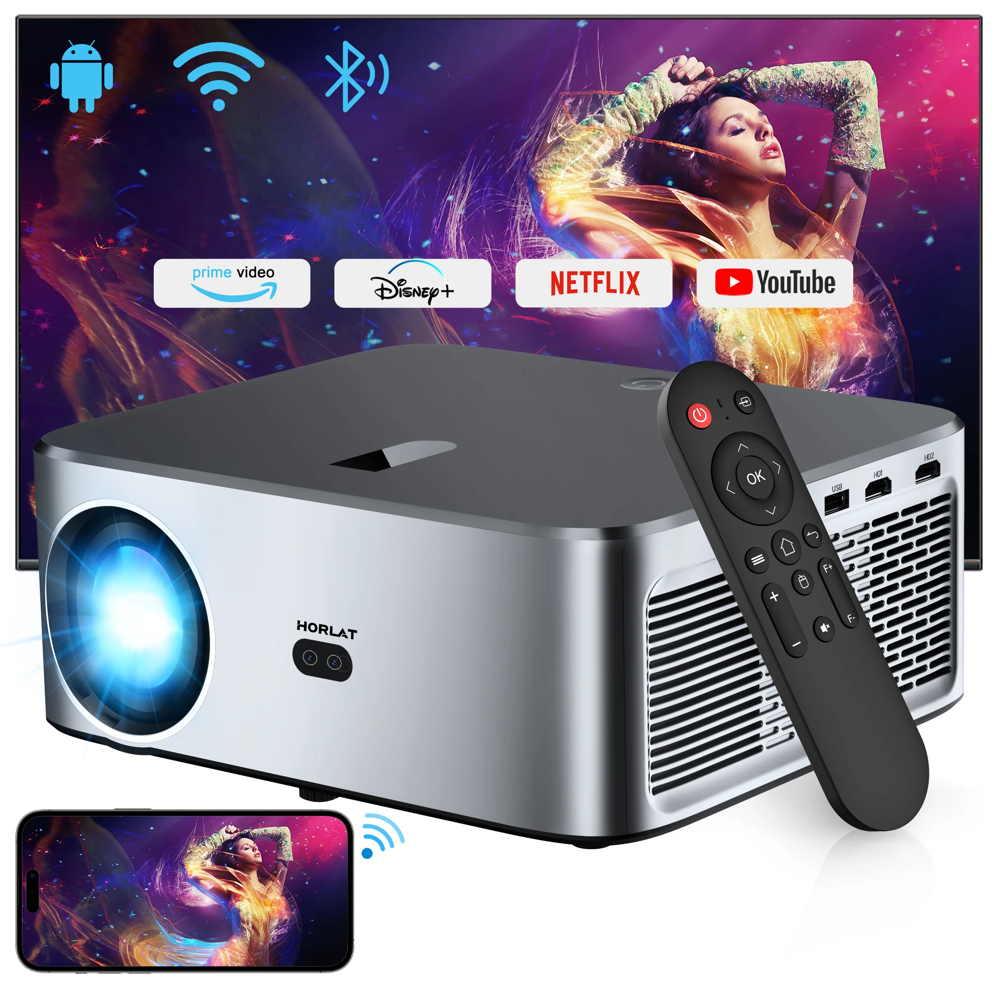 

HORLAT Android LED 4K Projector 700ANSI Full HD 1080P Video Home Theater Keystone 5G WiFi 18000Lumens Portable Proyector Dolby