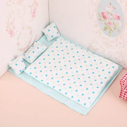 1:12 Dollhouse Miniature Four-Piece Bedding Set - Bed Sheet, Quilt, Pillow, and Quilt Cover Decor (Blue)