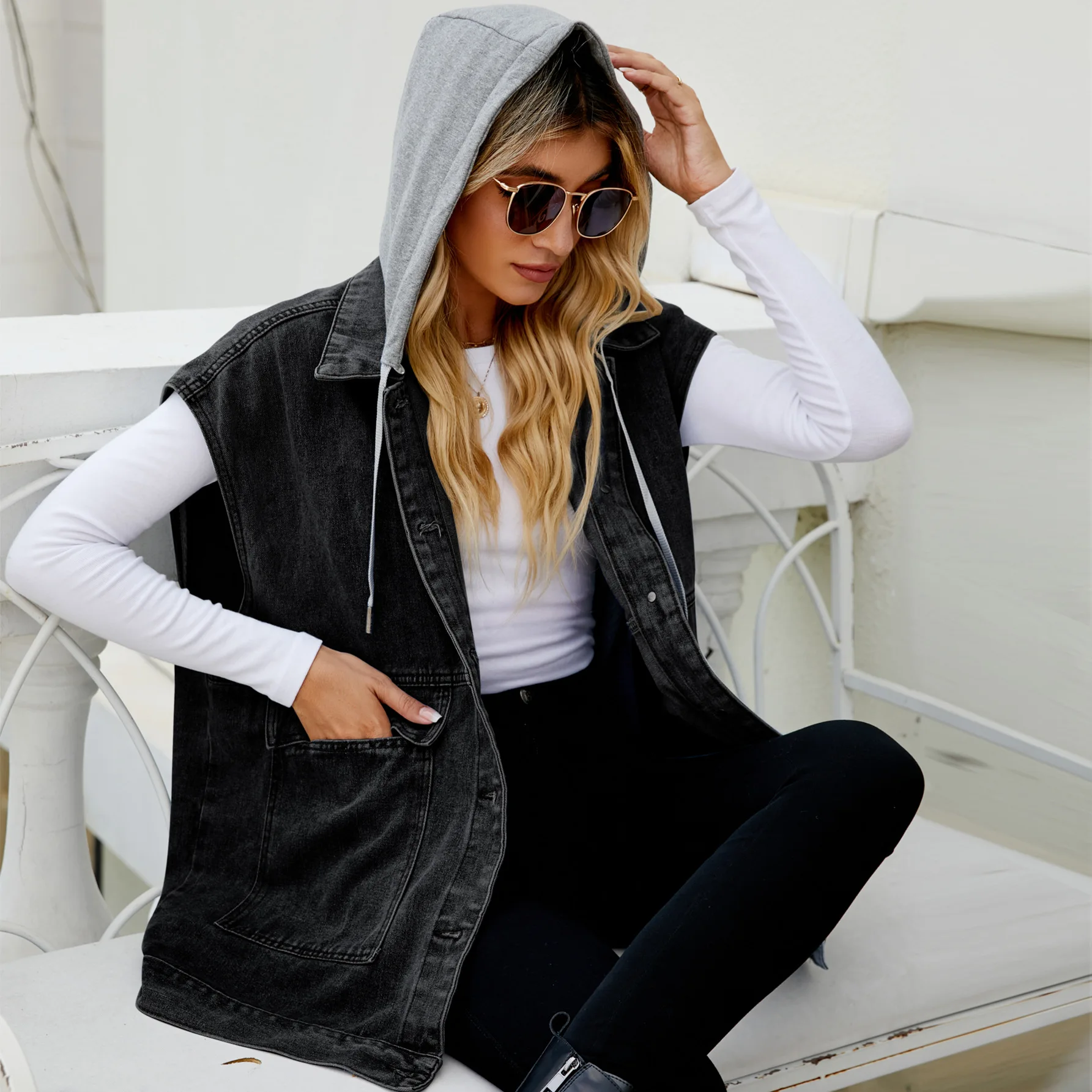 

Stylish Women's Jeans Jackets and Coats with Hooded Sleeveless Vest Washed Blue Denim Elegant Casual Female Cowboy Outwear C5510