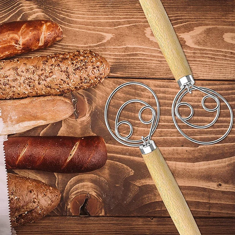 Description Picture 6 of itemWooden Handle Danish Dough Whisk Pastry Blender Stainless Steel Dutch Style Bread Dough Hand Mixer Kitchen Baking Tools