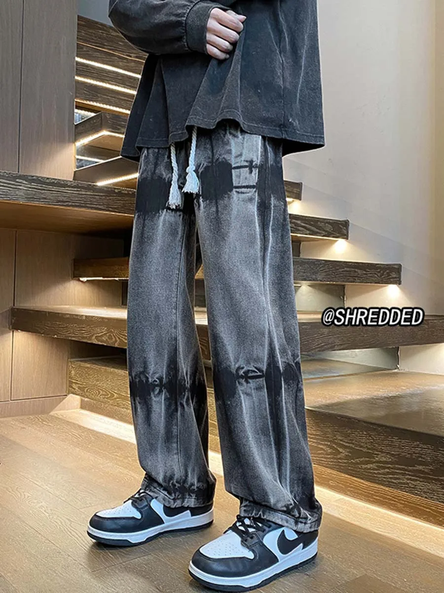 EH·MD Four Season Tattered Jeans Men Sprinkle Ink  Reflective High Street Fashion Zipper Slim Scraped Elastic Red Ear Light Blue