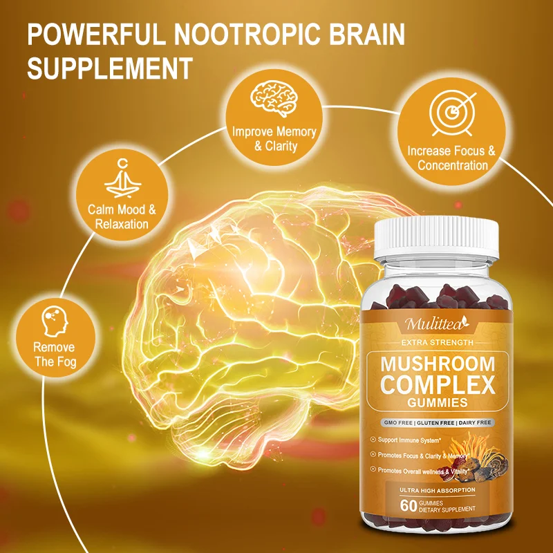 Mulittea Lion's Mane Mushroom Complex Gummies with Chaga Reishi Cordyceps for Focus Memory Relief Stress Better Mood
