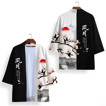 Unisex Black & White Kimono Cosplay Samurai Tops Trendy Casual Cardigan Yukata Costume Japanese Streetwear Traditional Clothing 1
