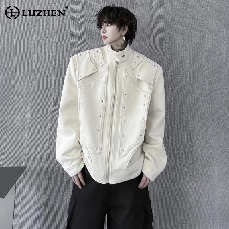 

LUZHEN Trendy Men's Jackets Solid Color Patchwork Rivet Niche Design Loose Male Personality Clothing Fashion Spliced Coat Fa1644