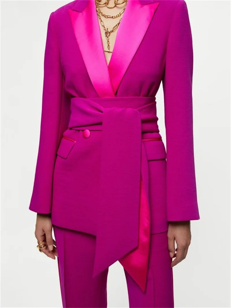 Stitching Color Women Suits Sets Blazer With Belt +Pants Designer Fashion Double Breasted Prom Evening Dress Made