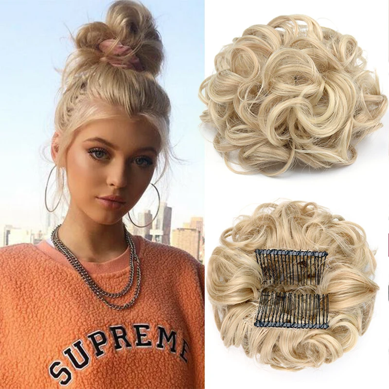 

Synthetic Curly Chignon Messy Buns Updo Clip in Hair Piece Extensions With Hairpins Elastic Band Hair for Women Bun Black Blonde