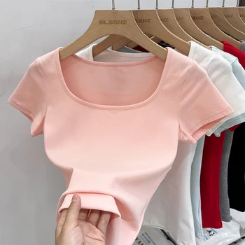 AOSSVIAO 2025 الصيف بلون ساحة طوق تي شيرتات قصيرة الاكمام المرأة الكورية الشارع الشهير تيز الأساسية الصلبة الشباب كول القمم