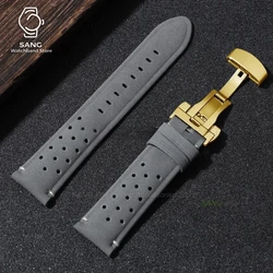 Vintage Brown Leather Strap with Butterfly Buckle - Breathable Business Watch Band Bracelet in Matte Finish - 22mm (Grey - GD)