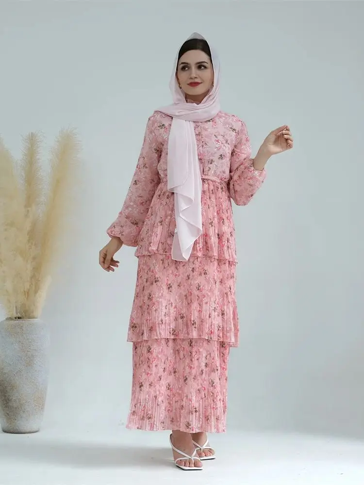 

Ramadan Eid Dubai Chiffon Pink Abaya Damen Turkey Islam Abayas For Women Muslim Long Dress Kebaya Robe Femme Musulmane Kaftan