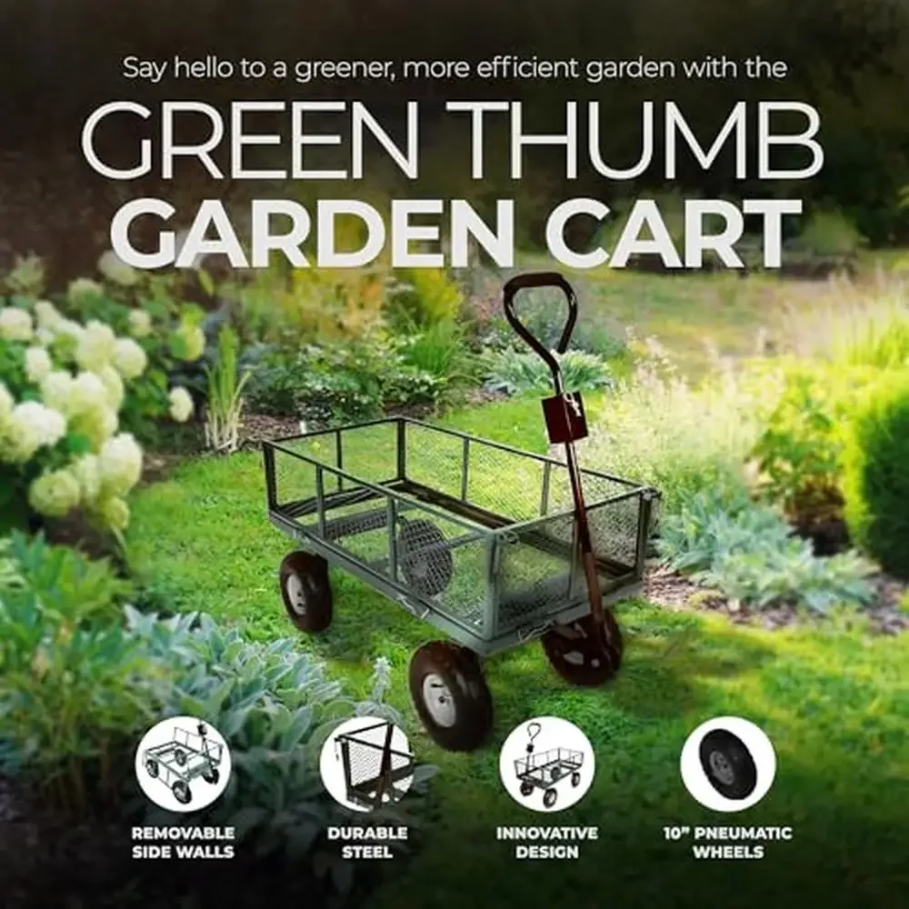 4-Wheel Steel Garden Cart w/ Mesh Sidewalls & Handles Convertible Trailer Hitch Durable Versatile Effortless Mobility 38x20