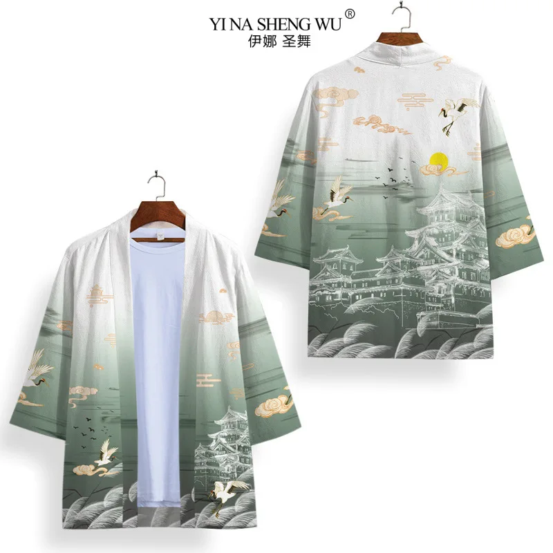 Black White Kimono Cosplay Samurai Haori Obi Women Men Cardigan Beach Yukata Costume Japanese Streetwear Traditional Clothes New