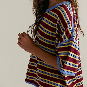 Womens Oversized Tops Tee Summer Half Sleeve Crew Neck Striped Print Casual Loose Fit T-Shirt Boho Vintage Streetwear 1