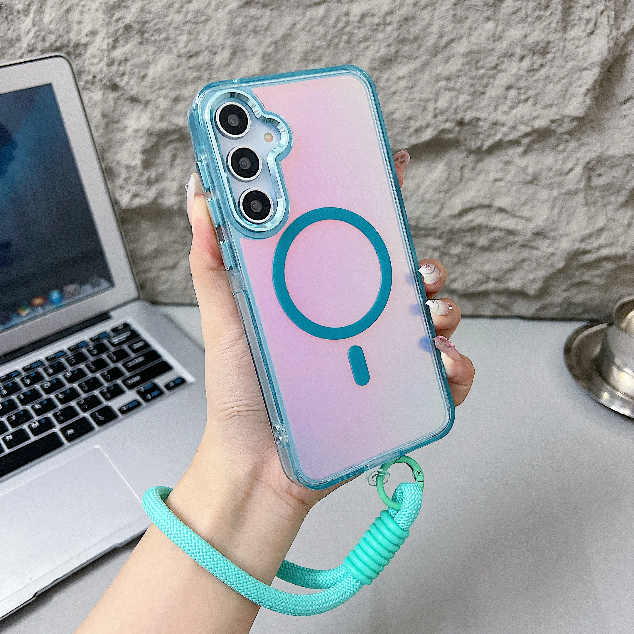 Fashion Laser Gradient Magnetic Lanyard Shockproof Phone Case with Magsafe Compatibility