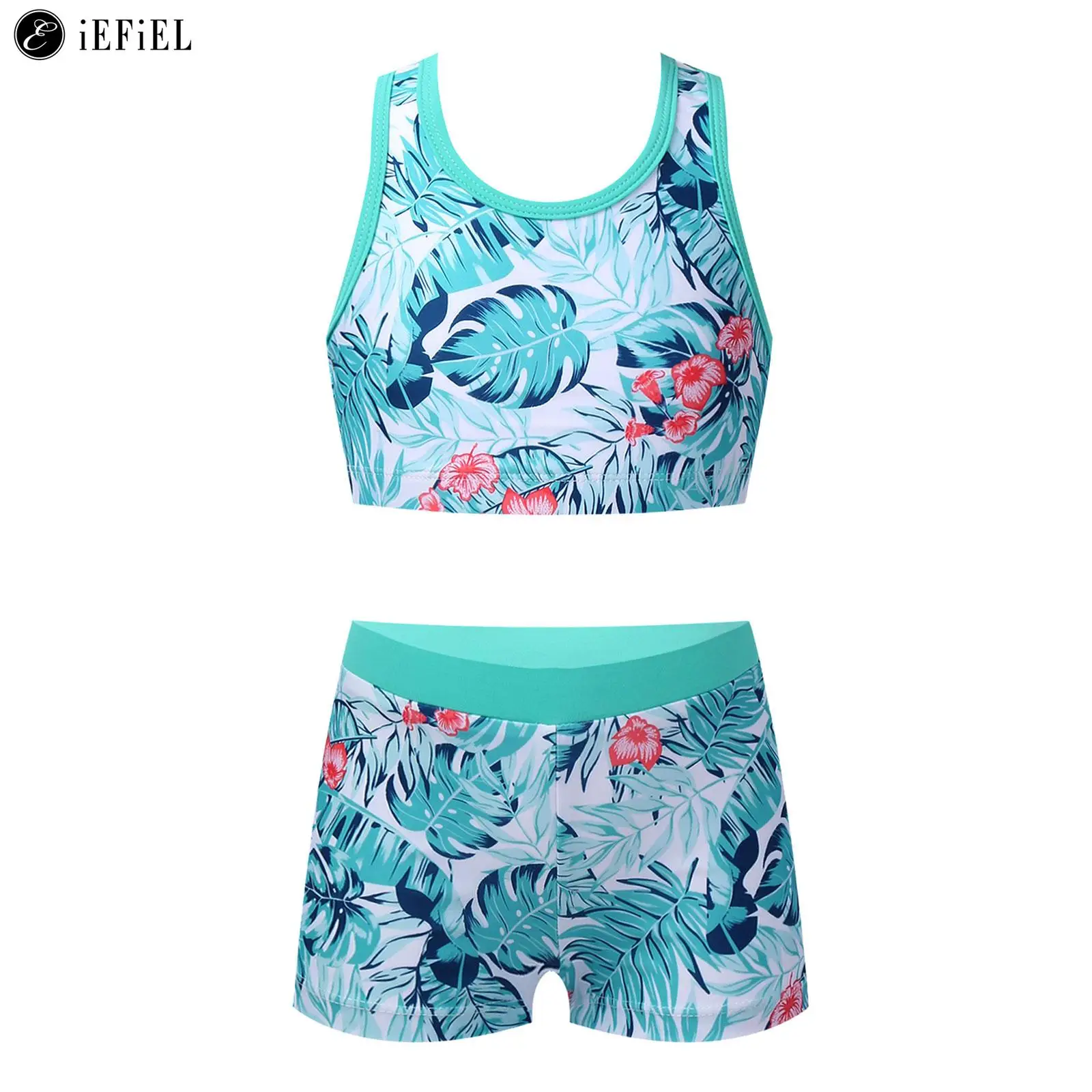 

Kids Girls Two Pieces Swimsuit Racer Back Crop Top with Bottoms for Beach Sport Swimming Athletic Bathing Suit Swimwear Sunsuit
