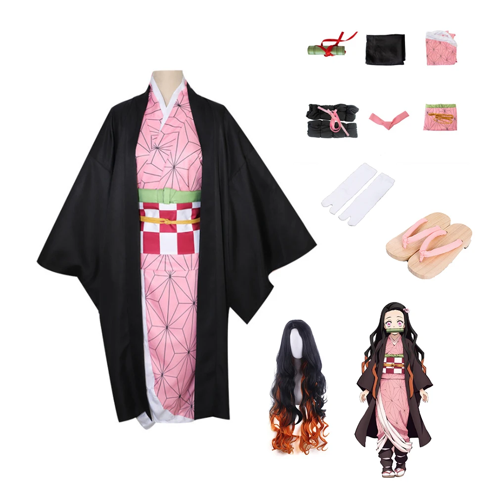 Anime Demon Slayer Clothes Kamado Nezuko Halloween Cosplay Set Costume Wig Ghost Tanjiro Shoes |