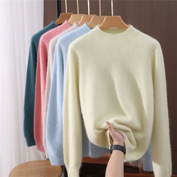 Mink Cashmere Women Sweater 100% Fashion Basic Soft Warm Autumn Winter Mock Neck Pullover Clothing Elegant Casual Clothing Tops 1