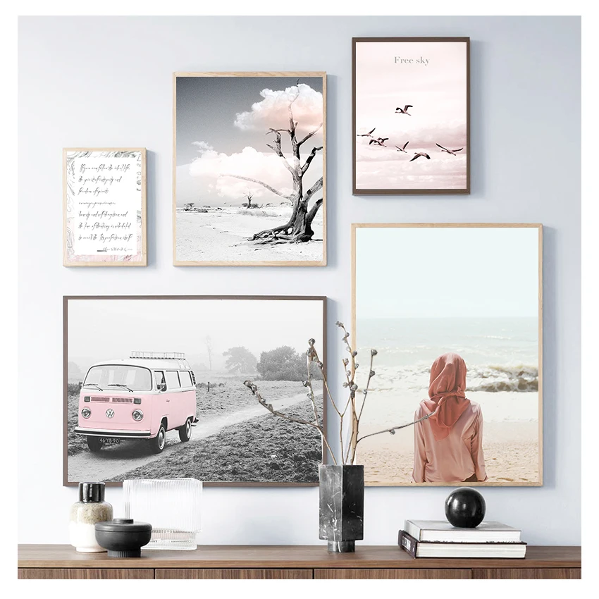 Dipinti Gabbiano Sea Tree Sheet Music Car Poster Home Decor Immagini Per Soggiorno Pink Landscape Wall Art Canvas