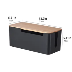 Bamboo Lid Cable Management Box and Wire Organizer (Black L)