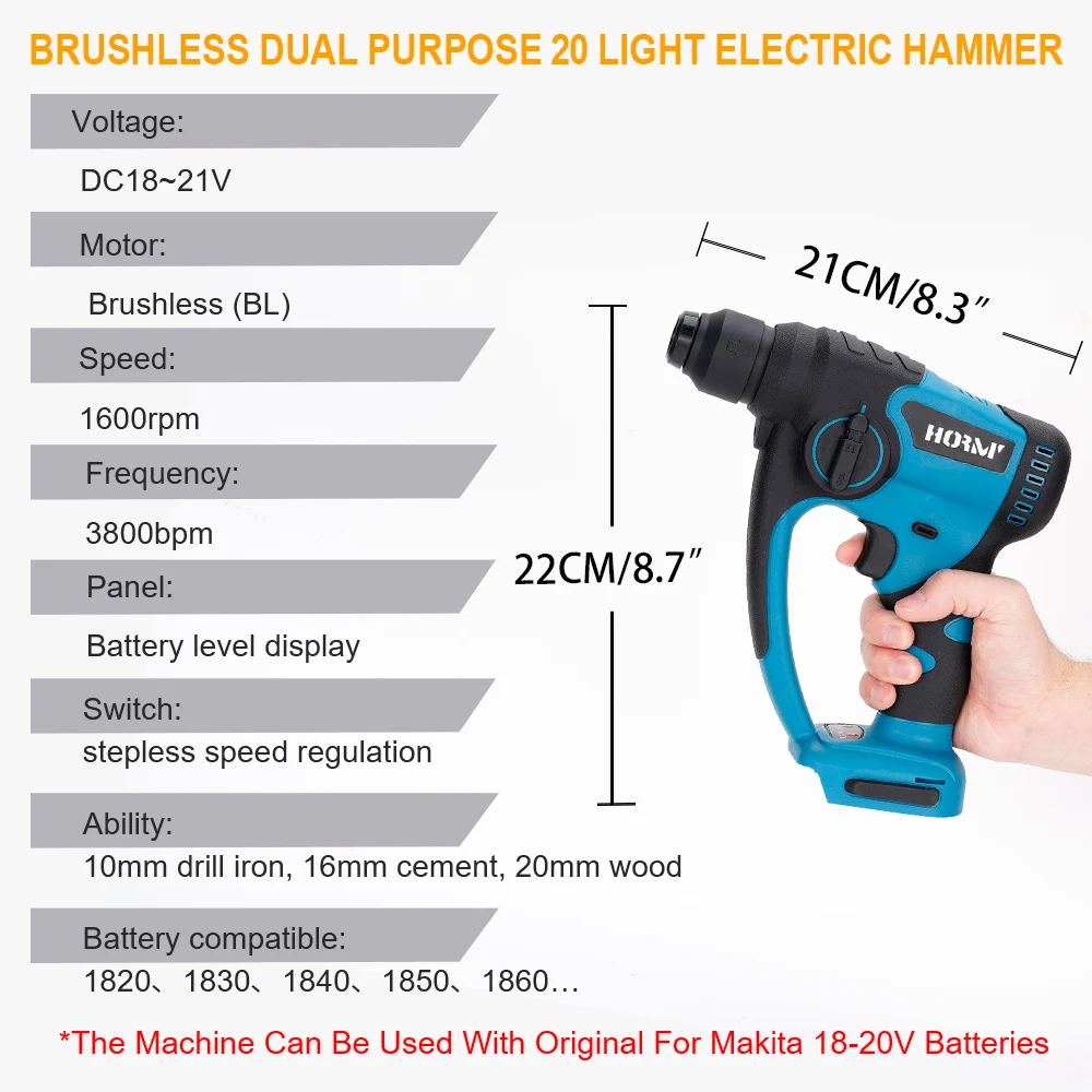 Brushless Cordless Electric Drill Rotary Hammer 4 Modes Drill Demolition Hammer Rechargeable Power Tool for Makita 18V Battery 3