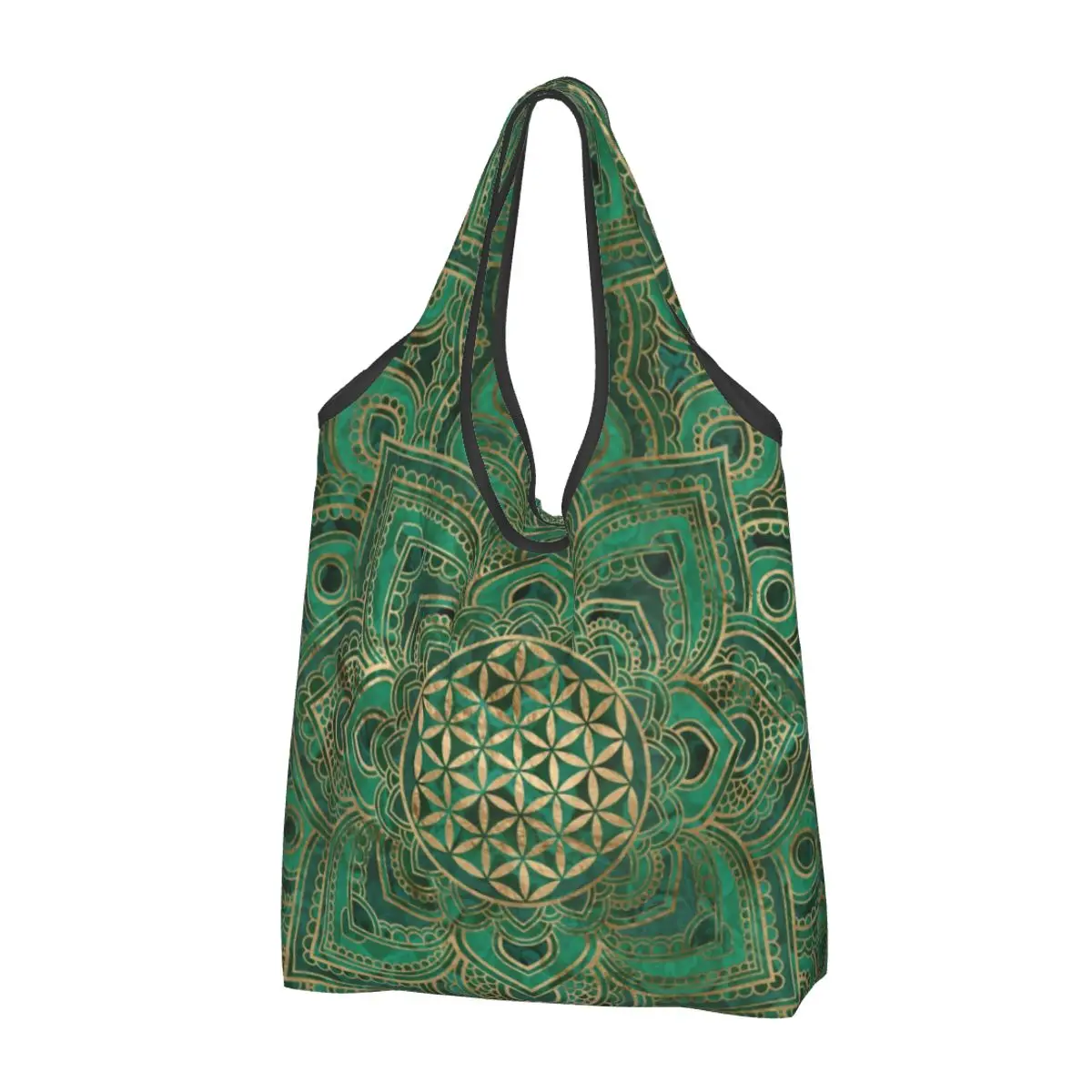 

Flower Of Life In Lotus Sacred Grocery Shopping Bags Shopper Shoulder Tote Bag Portable Mandala Spiritual Meditation Handbag