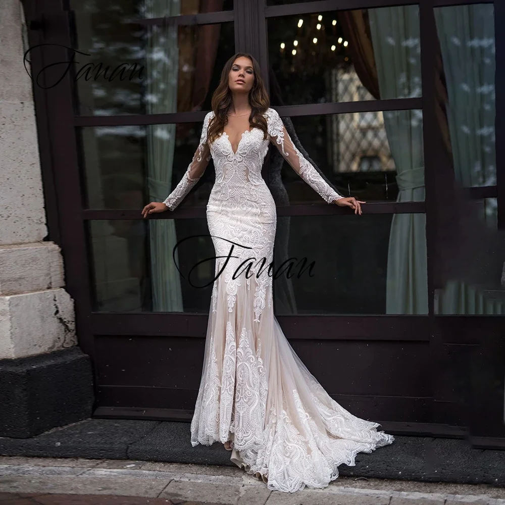 

Elegant O-Neck Long Sleeve Mermaid Wedding Dresses Lace Appliques Sweep Train Bridal Gown Свадебное платье vestido de noiva