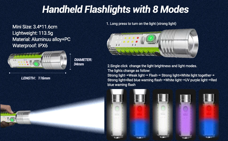 Description Picture 3 of itemSpotlight Long-range Strong Light XPG Focusing Flashlight Type-C Charging With Strong Magnetic Pen Clip Fluorescent Keychain