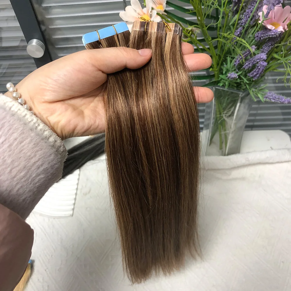 Highlights Brown Tape in Human Hair Extensions Straight Balayge Skin Weft For Women 20 pcs/Pack
