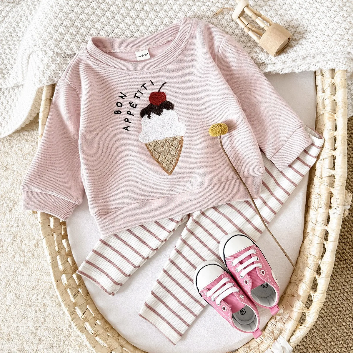 Description Picture 5 of itemIrcomll 2pcs Kids Clothing Pullover Set Baby Girl Boy Clothes Set Ice Cream Embroidery Long-Sleeved Sweatshirts+Striped Trousers