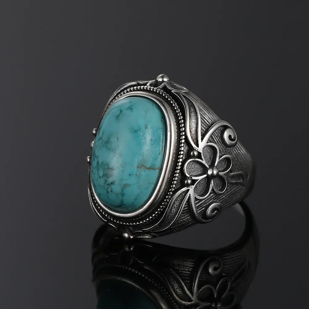 925 Sterling Silver Ring Natural 11X17MM Oval Turquoise Ring for Women Men Gift Retro Large,silver ring,silver rings,natural stone ring
