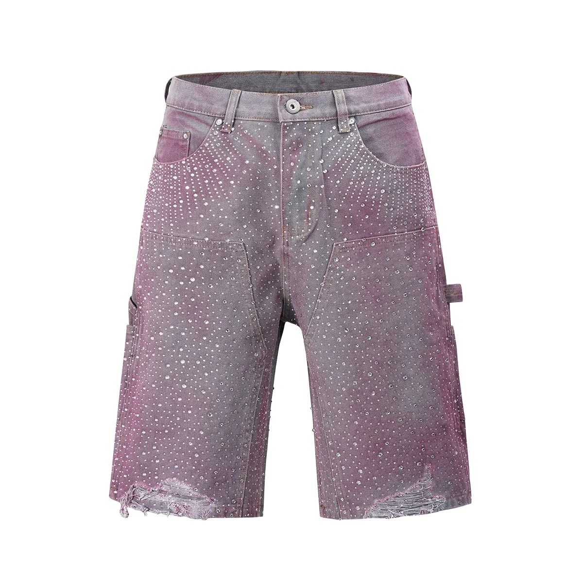Streetwear Full Rhinestone Print Baggy Jeans Shorts for Men Ripped Hole Washed Short Casual Loose Denim Five Point Pants