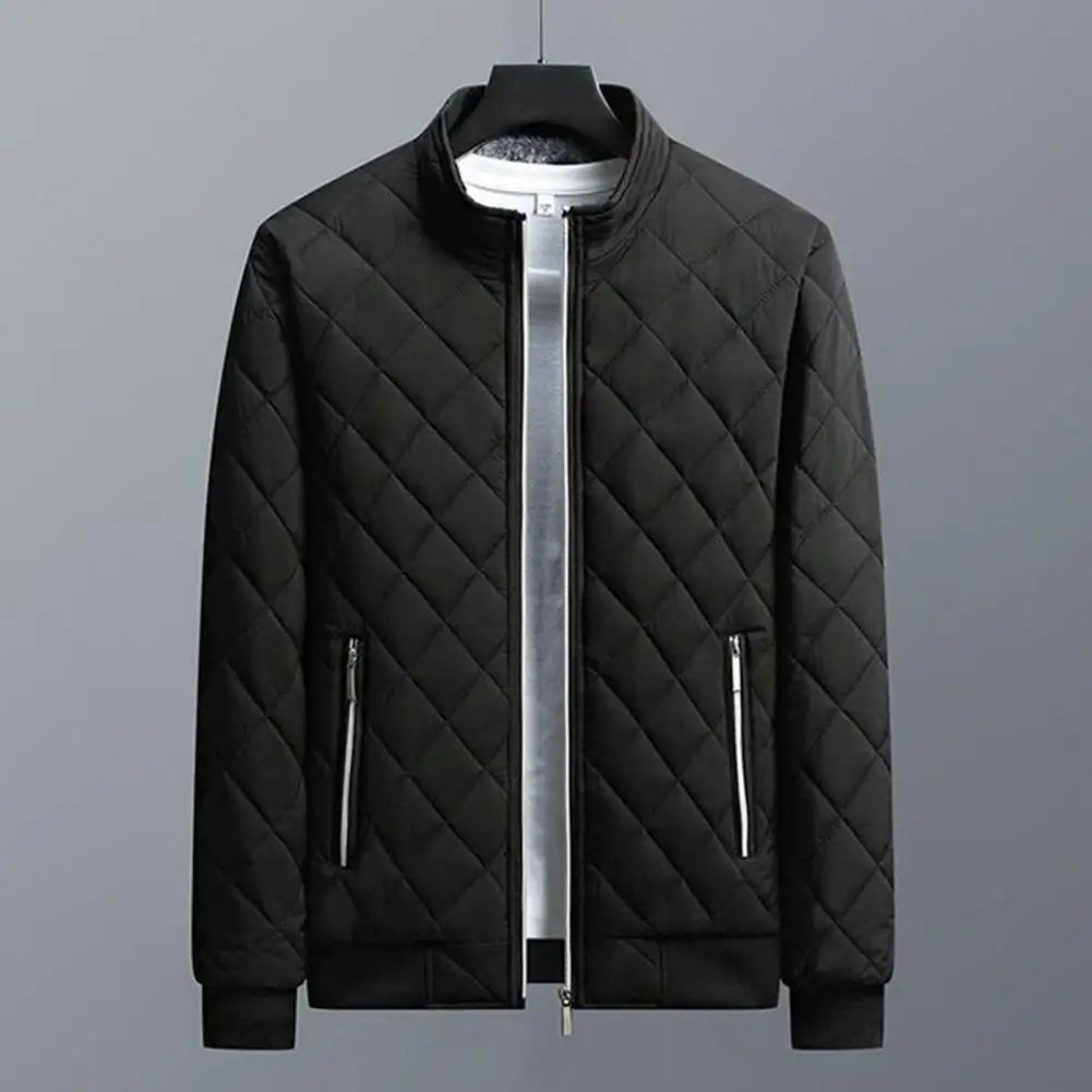 

Zipper Pockets Men Coat Winter Jacket for Men Stylish Plaid Texture Warm Fleece Lining Pockets Ideal Outwear Full Zipper Closure