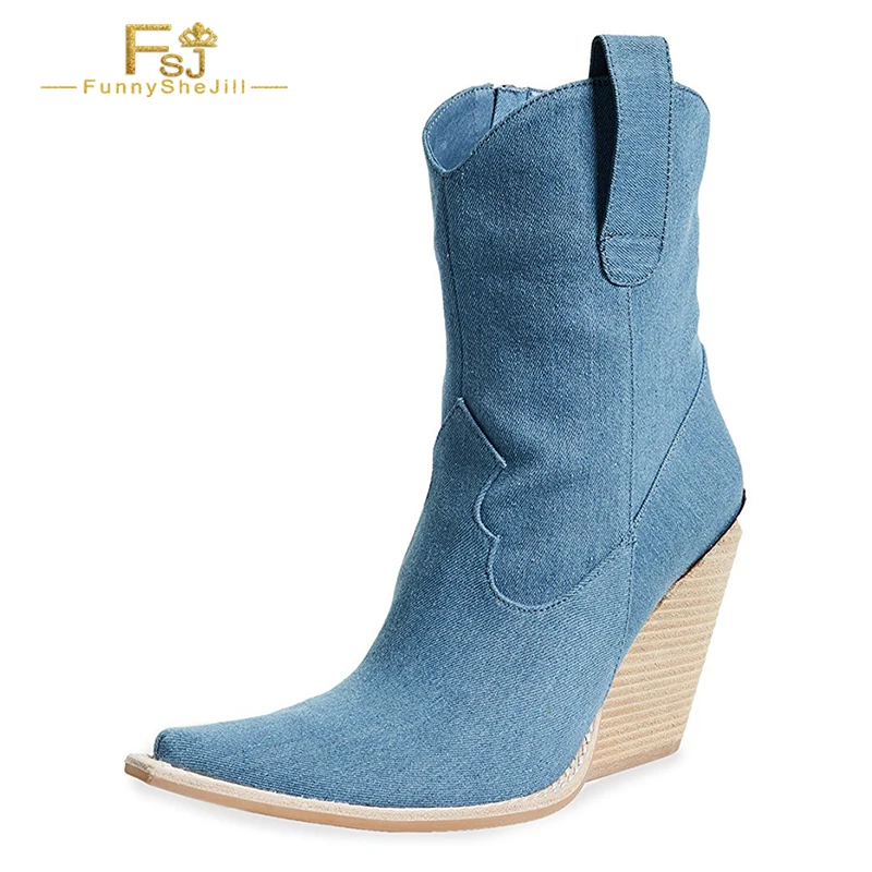 

Blue Cowboy Pointed Toe Ankle Boots Cowboy Boots Thick Heel Ankle Booties Women'S Large Size 15 16