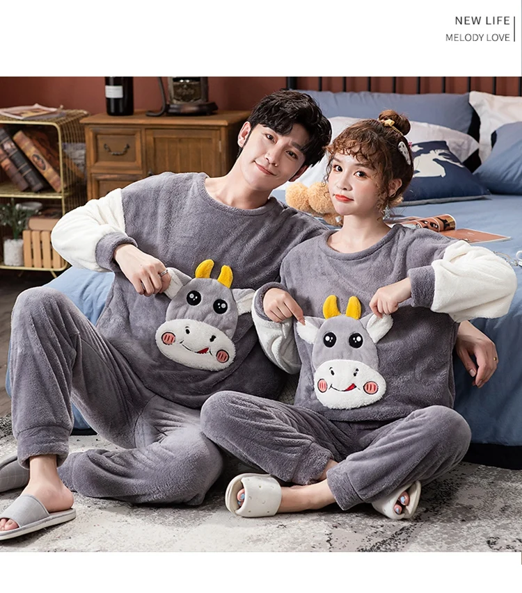 2021 Winter Long Sleeve Couple Thick Warm Flannel Pajama Sets for Men Cute Cartoon Sleepwear Pyjamas Women Homewear Home Clothes silk sleepwear