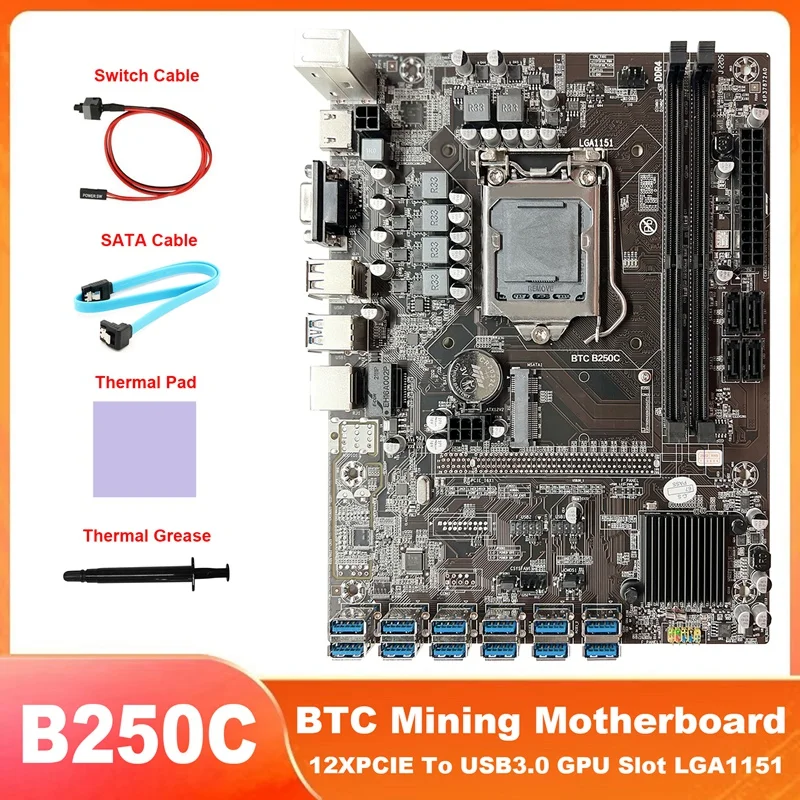 

Материнская плата B250C для майнинга BTC + кабель SATA + кабель переключателя + термоподушка + термопаста 12xpcie на материнскую плату USB 3,0
