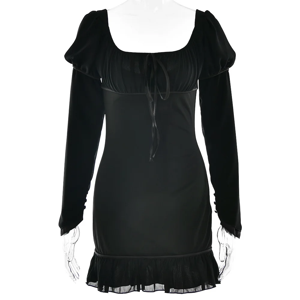 Elegant Chiffon Patchwork Zipper Slim Dress Women Autumn Winter 2025 New Pleated Square Neck Skirt Sexy Backless Vestido